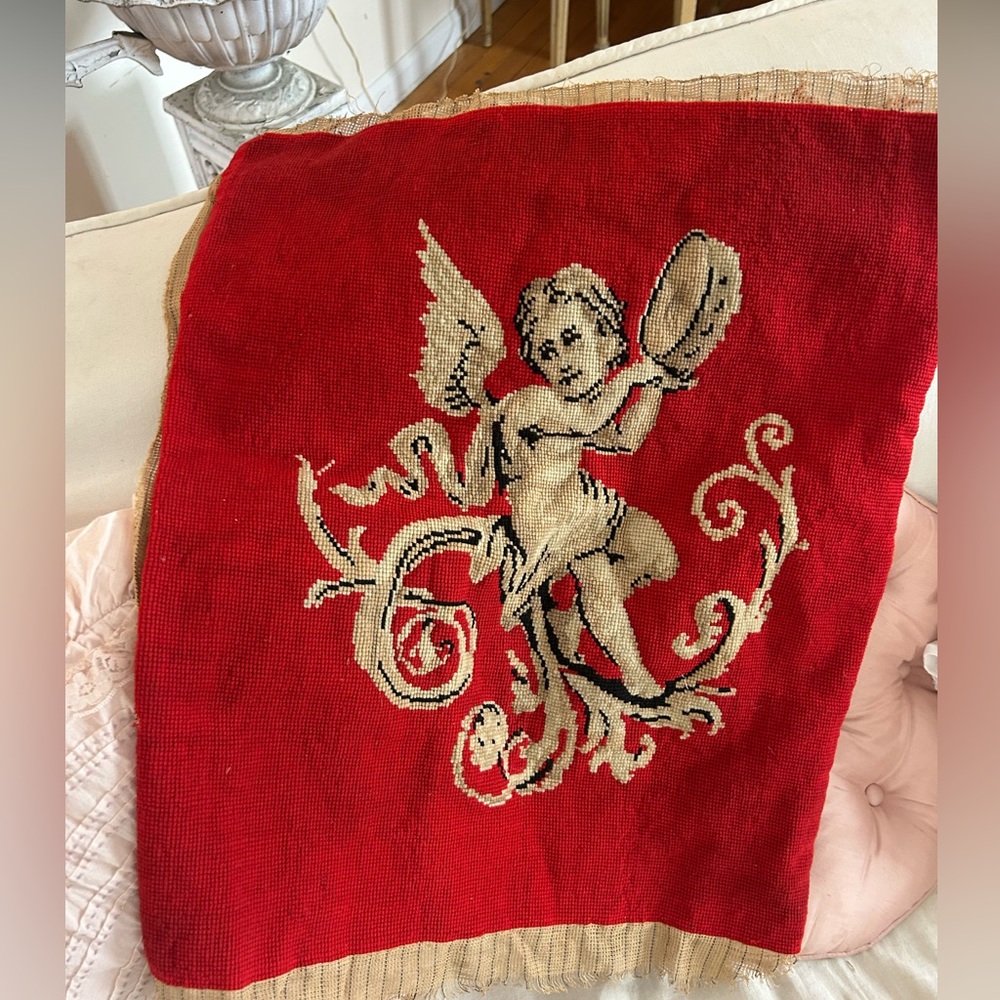 Vintage Antique Red needlepoint Tapestry with Cherub Design